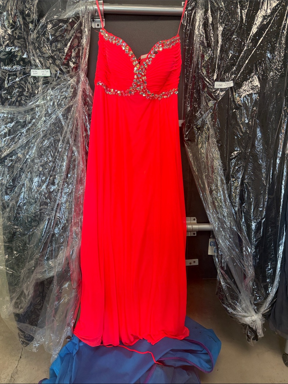 Xscape Hot Coral Beaded Spaghetti-Strap Prom Gown